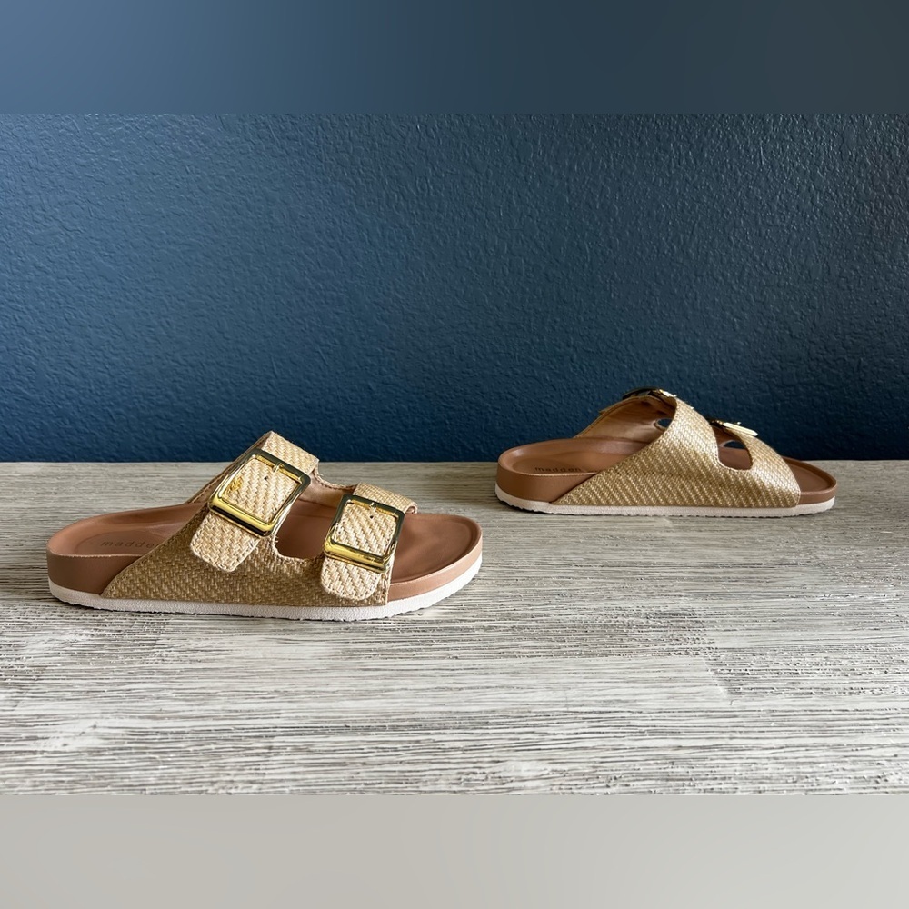 NWOT!!! Madden Girl Tan Slide Sandals with Gold Buckles - Picture 3 of 6